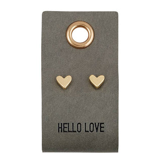 Dainty Gold Heart Stud Earrings on Leather Tag