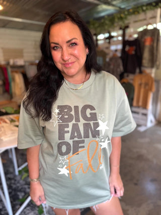Big Fan of Fall with Stars | Oversized Sage Green T-Shirt - Tucked & Threaded