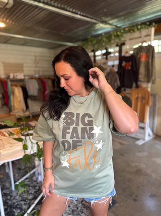 Big Fan of Fall with Stars | Oversized Sage Green T-Shirt - Tucked & Threaded