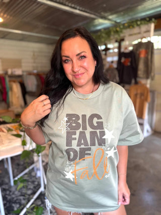 Big Fan of Fall with Stars | Oversized Sage Green T-Shirt - Tucked & Threaded