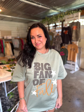 Big Fan of Fall with Stars | Oversized Sage Green T-Shirt - Tucked & Threaded