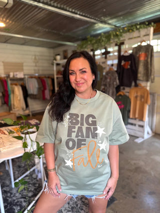 Big Fan of Fall with Stars | Oversized Sage Green T-Shirt - Tucked & Threaded
