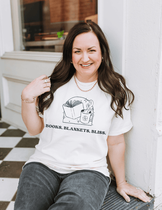 Books. Blankets. Bliss. Neutral Unisex Tee - Tucked & Threaded