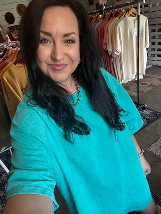 Bright Teal Mineral Wash Oversized Top - Tucked & Threaded