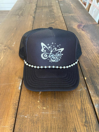 Butterfly Black Pearl Chain Trucker Hat - Tucked & Threaded
