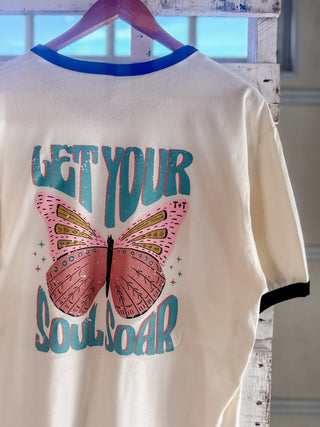 Butterfly Graphic Tee - Let Your Soul Soar Vintage Ringer Shirt for Women - Tucked & Threaded