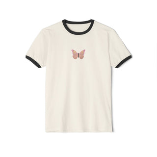 Butterfly Graphic Tee - Let Your Soul Soar Vintage Ringer Shirt for Women - Tucked & Threaded