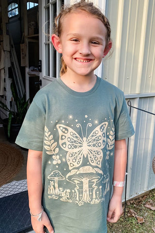 Butterfly Mushroom Pine Child Tee - Tucked & Threaded