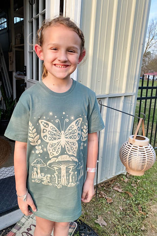 Butterfly Mushroom Pine Child Tee - Tucked & Threaded
