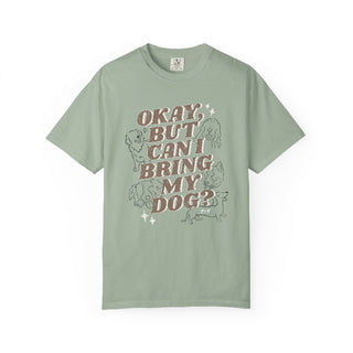 Green t-shirt with dog-themed graphic and text on a white background