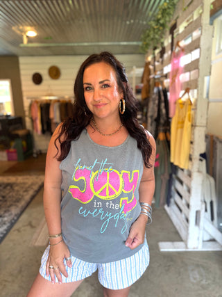 Find the Joy Grey or Blue Jean Unisex Tank - Tucked & Threaded on femail model