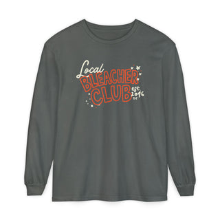 mock up of a long sleeve grey graphic tee that reads "local bleacher club" in orange and white ink