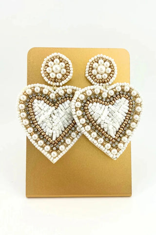 Gold and White Heart Earrings - Tucked & Threaded