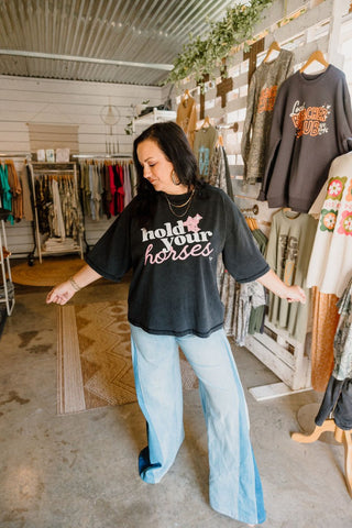 Hold Your Horses Boxy Tee | Faded Black Graphic Mom Shirt - Tucked & Threaded