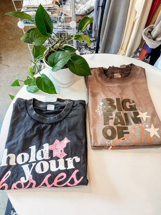 Hold Your Horses Boxy Tee | Faded Black Graphic Mom Shirt - Tucked & Threaded