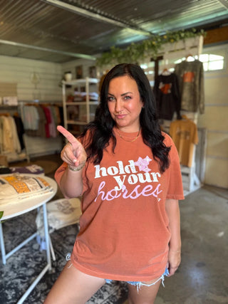 Hold Your Horses Southern Graphic Tee | Comfort Colors® Women's T-Shirt - Tucked & Threaded