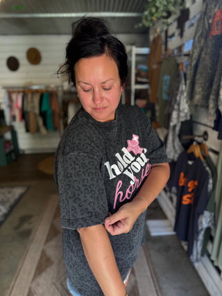 Hold Your Horses Western Graphic Tee | Black Leopard Women's T-Shirt - Tucked & Threaded