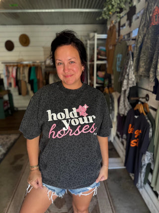 Hold Your Horses Western Graphic Tee | Black Leopard Women's T-Shirt - Tucked & Threaded