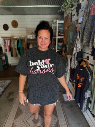 Hold Your Horses Western Graphic Tee | Black Leopard Women's T-Shirt - Tucked & Threaded