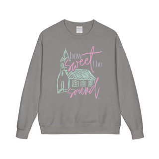 Gray sweatshirt with a church graphic and 'How Sweet the Sound' text on a white background