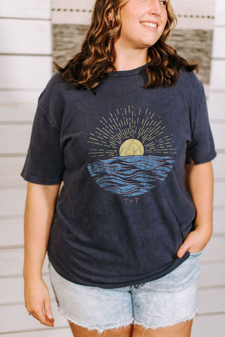 Waves Retro Navy Mineral Wash Tee-Small Only