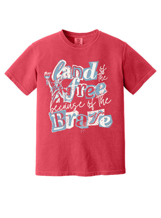 Red t-shirt with white and blue text and graphics on a white background