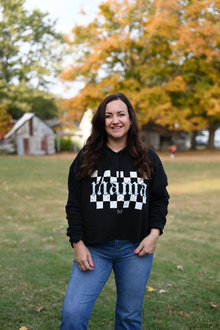 Mama Checkered Black Crop Hoodie - Tucked & Threaded