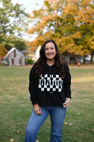 Mama Checkered Black Crop Hoodie - Tucked & Threaded