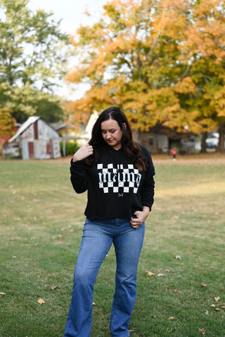 Mama Checkered Black Crop Hoodie - Tucked & Threaded