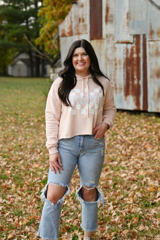 Mama Checkered Blush Crop Hoodie - Tucked & Threaded