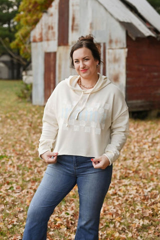 Mama Checkered Bone Crop Hoodie - Tucked & Threaded