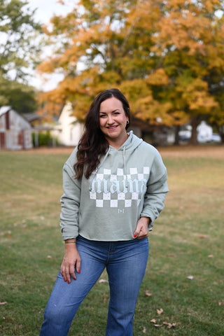 Mama Checkered Sage Crop Hoodie - Tucked & Threaded