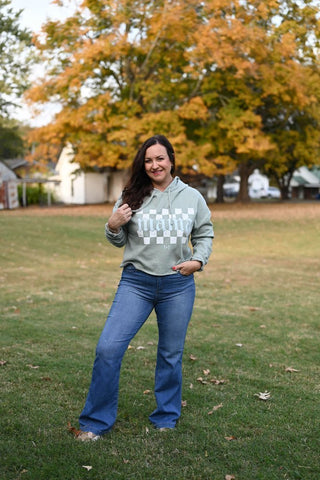 Mama Checkered Sage Crop Hoodie - Tucked & Threaded