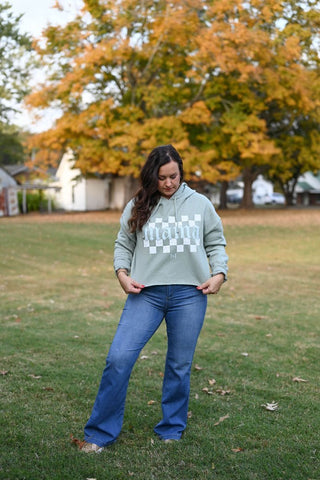 Mama Checkered Sage Crop Hoodie - Tucked & Threaded