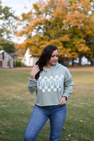 Mama Checkered Sage Crop Hoodie - Tucked & Threaded