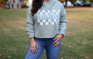 Mama Checkered Sage Crop Hoodie - Tucked & Threaded