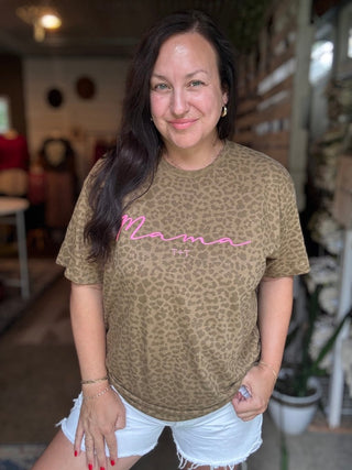 Mama Graphic Tee - Leopard Print Mom Shirt with Hot Pink - Tucked & Threaded