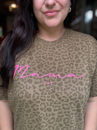 Mama Graphic Tee - Leopard Print Mom Shirt with Hot Pink - Tucked & Threaded