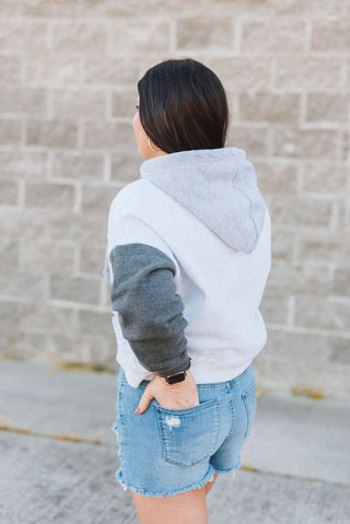 Mama Grey Colorblocked Crop Hoodie - Tucked & Threaded