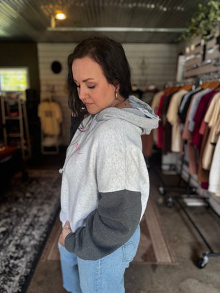 Mama Grey Colorblocked Crop Hoodie - Tucked & Threaded