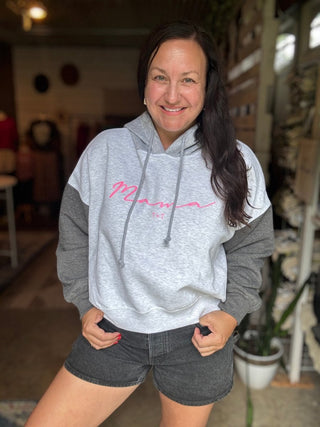 Mama Grey Colorblocked Crop Hoodie - Tucked & Threaded