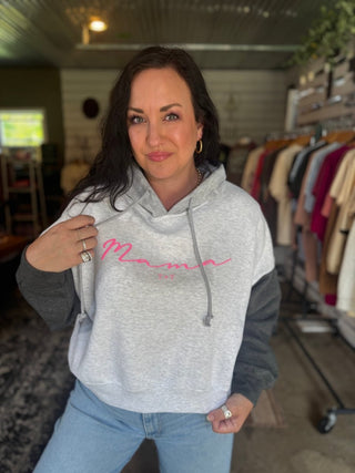 Mama Grey Colorblocked Crop Hoodie - Tucked & Threaded
