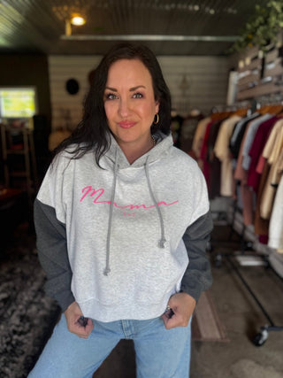 Mama Grey Colorblocked Crop Hoodie - Tucked & Threaded