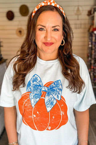 Preppy Pumpkin Sky Blue Tee - Tucked & Threaded