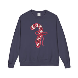 Navy blue sweatshirt with a red candy cane design on a white background