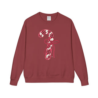Red sweatshirt with candy cane design on a white background
