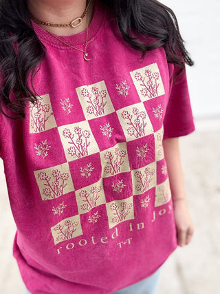 Rooted in Joy Magenta Mineral Wash Tee - Tucked & Threaded
