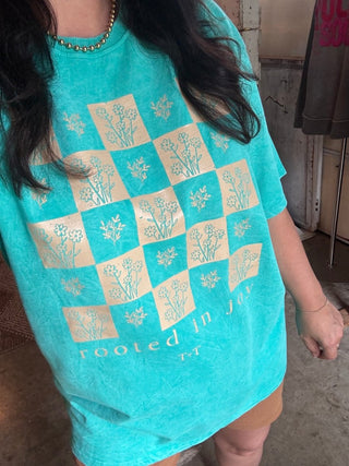 Rooted in Joy Teal Mineral Wash Tee - Tucked & Threaded