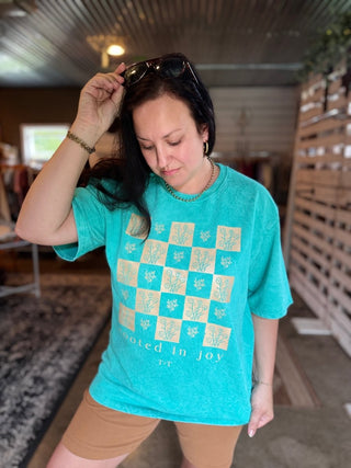 Rooted in Joy Teal Mineral Wash Tee - Tucked & Threaded