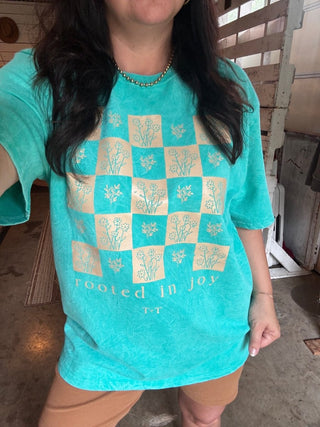 Rooted in Joy Teal Mineral Wash Tee - Tucked & Threaded